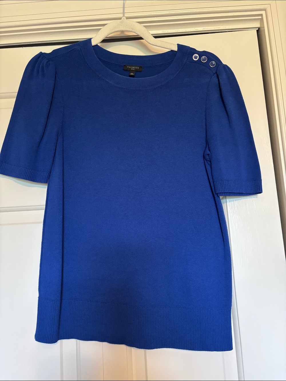 Talbots Cobalt Blue Short Sleeve Button-Shoulder Knit Top